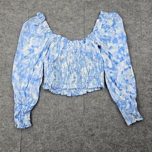 Faithfull The Brand Blouse Womens Small Blue Peasant Smocked Floral Cottagecore
